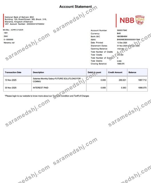 Bahrain National Bank of Bahrain account statement Word and PDF template